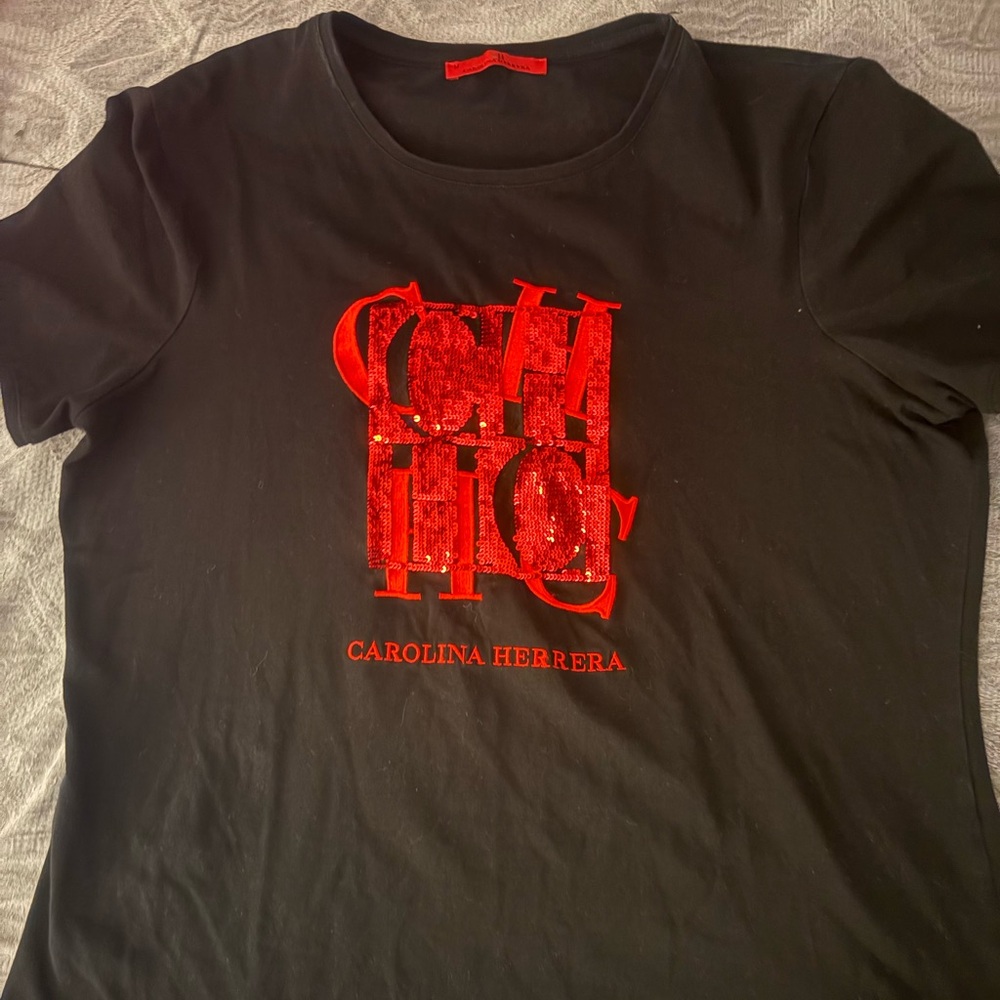 Carolina Herrera Black Tee with Vibrant Red Design